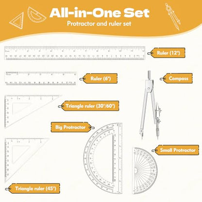 Geometry Set - 7Pcs Geometry Kit with Clear Plastic Ruler 12Inch & 6Inch, Triangle Ruler, Protractor and Compass Set for School Office Math Drawing Drafting Engineering Architecture Art