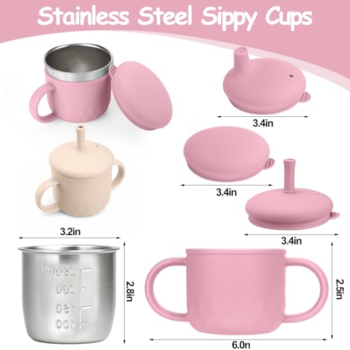2PCS Stainless Steel Sippy Cups for Toddlers1-3, Baby Straw Cups for 6+Month Old with Travel Lid, Silicone Straw, Replacement Straw & Cleaning Brush-8oz Toddler Cups Spill Proof Set Pink+Rice White - color: Beige/Pink