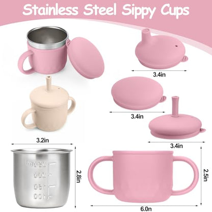 2PCS Stainless Steel Sippy Cups for Toddlers1-3, Baby Straw Cups for 6+Month Old with Travel Lid, Silicone Straw, Replacement Straw & Cleaning Brush-8oz Toddler Cups Spill Proof Set Pink+Rice White - color: Beige/Pink