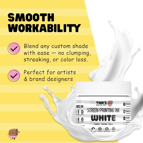 Tinks Screen Printing Ink - White - 8oz Water-Based Fabric Ink - Screen Printing, Stenciling, Tote Bags & Fabric Stamping - Non-Toxic, No Harsh Fumes, Soap & Water Cleanup - Made in California - color: White