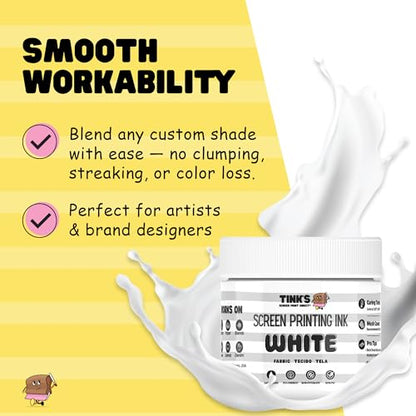 Tinks Screen Printing Ink - White - 8oz Water-Based Fabric Ink - Screen Printing, Stenciling, Tote Bags & Fabric Stamping - Non-Toxic, No Harsh Fumes, Soap & Water Cleanup - Made in California - color: White