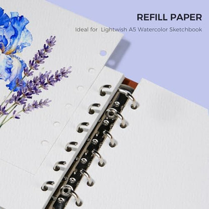 Lightwish Watercolor Paper Refill, 2 Pack 40 Sheets Total - 100% Cotton Acid-Free 300gsm/140lb A5 Landscape Format, Cold Press Texture - Compatible with Lightwish A5 Watercolor Sketchbook （5.8*8.2in)