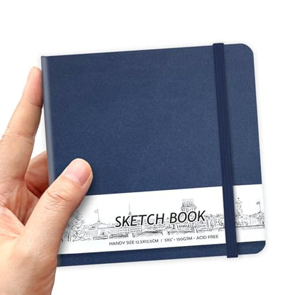 5" x 5" Hardcover Sketch Book,Small Mixed Media Sketch Pad,58 Sheets 150GSM Acid-Free Artist Drawing Paper,Travel Journal Blank Notebook for Adults Painting,Illustration,Art Supplies.Dark Blue - color: 150gsm PU-dark blue