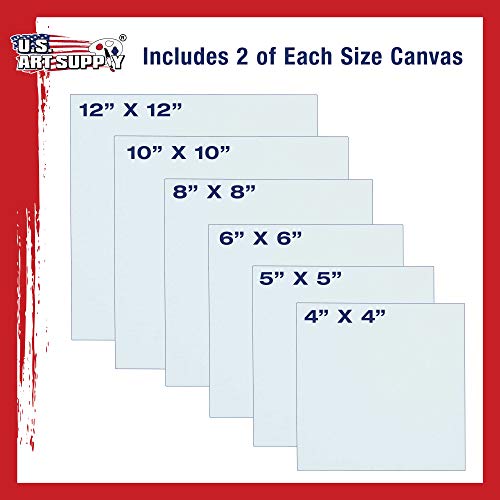 U.S. Art Supply Square Variety Assortment Professional Artist Quality Acid Free Canvas Panels 12-Total Panels (2-EA: 12x12, 10x10, 8x8, 6x6, 5x5, 4x4)