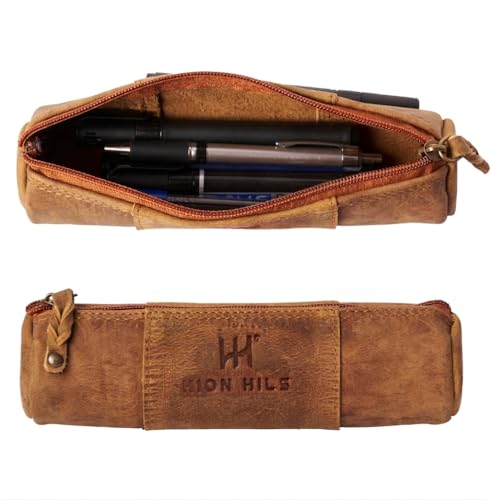 Leather Pencil Case -100% Leather Zippered Pen Pouch - Stationery Bag Pen Holder for Work & Office (Antique Brown) - color: Antique Brown