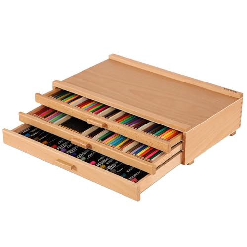 VISWIN Upgraded 3-Drawer Wood Artist Supply Storage Box with Removable Dividers, Premium Beech Wood Art Storage Box, Portable Organizer Box for Paints, Pastels, Pencils, Brushes and Art Supplies - color: Natural, size: 3 drawers