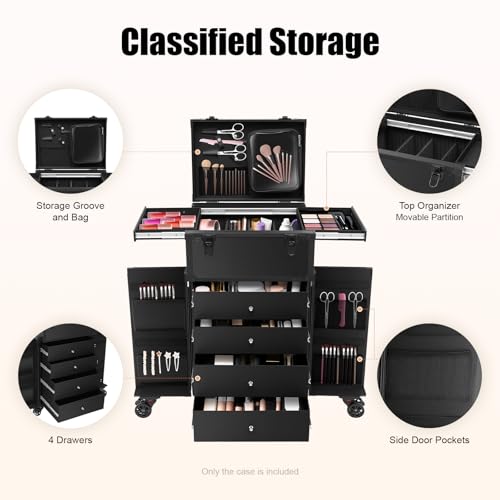 44.09lbs Lockable Makeup Train Case,Rolling Hairdressing Trolley,Beauty Salon Cosmetic Luggage with Universal Wheels for Hair Stylist,Make-up Artists (Black 8) - color: Black 8