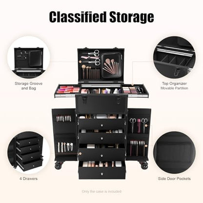 44.09lbs Lockable Makeup Train Case,Rolling Hairdressing Trolley,Beauty Salon Cosmetic Luggage with Universal Wheels for Hair Stylist,Make-up Artists (Black 8) - color: Black 8