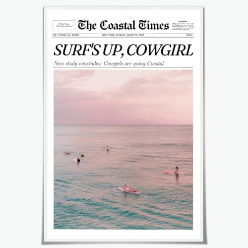 Coastal Cowgirl Wall Art Canvas Print Trendy Pink Ocean Newspaper Poster Beach Aesthetic Wall Picture Painting Decor for Bedroom Bathroom Dorm Room Vintage Western Surf Artwork 8x12inch Unframed - color: Style-5 Unframed, size: 8"L x 12"W