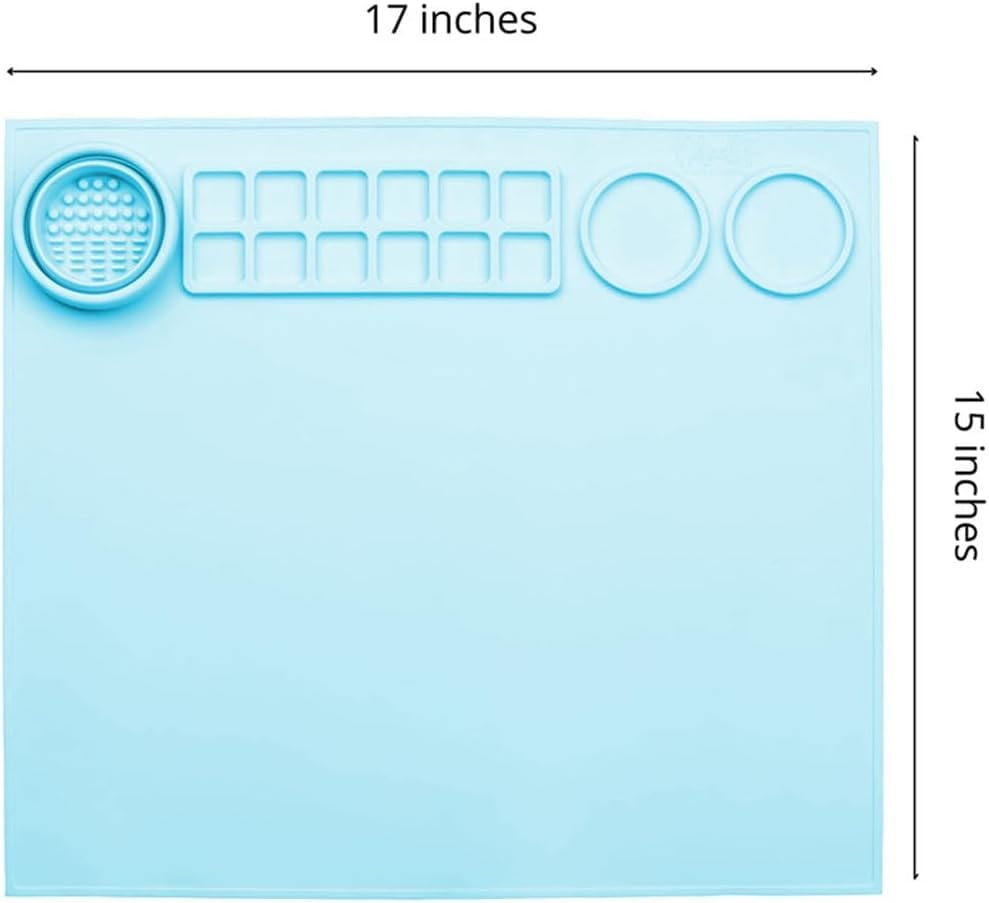 Silicone Painting Mat with Paint Trays and Brush Cleaner Cup, Waterproof Art Mat for Kids Adults DIY Crafts, Non-Stick Craft Mat for Table Protection, Blue - color: Blue