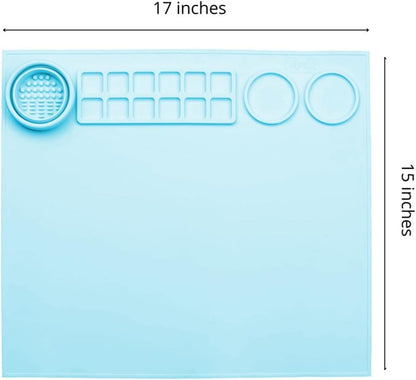 Silicone Painting Mat with Paint Trays and Brush Cleaner Cup, Waterproof Art Mat for Kids Adults DIY Crafts, Non-Stick Craft Mat for Table Protection, Blue - color: Blue