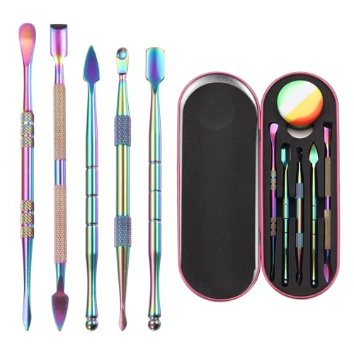 MECCANIXITY 6 Pcs Wax Carving Tools Stainless Steel Wax Carving Sculpting Tools with 5ml Silicone Container Jar and Portable Metal Pink Case for Modeling Shaping, Rainbow - color: Rainbow, Pink Metal Case