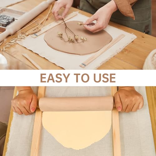 12 Pcs Pottery Tools Include 1 Wood Rolling Pin Sculpting Polymer Clay Tools 1 Portable Pottery Wedging Board/Linen Tablecloth and 10 Pcs 5 Size Teaching Rolling Mud Stick Guide