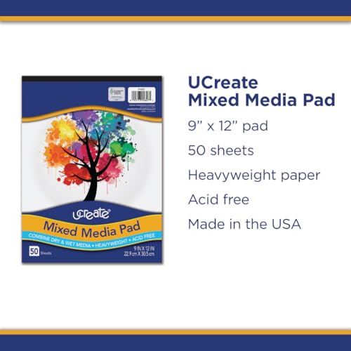 UCREATE Heavyweight Mixed Media Paper Pad, 9" x 12", White, Acid-Free, 50 Sheets/Pad, Pack of 12 Pads, 600 Sheets Total