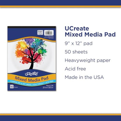 UCREATE Heavyweight Mixed Media Paper Pad, 9" x 12", White, Acid-Free, 50 Sheets/Pad, Pack of 12 Pads, 600 Sheets Total