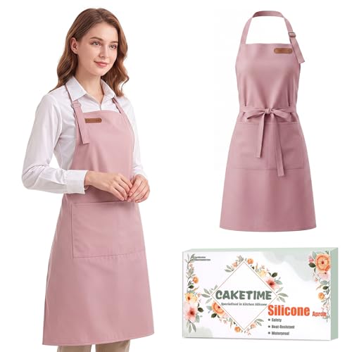 CAKETIME Colorful Silicone Leather Aprons for Women Waterproof Cleaning Cooking Baking Kitchen Bids Mother Chef Funny Gifts - color: Pink