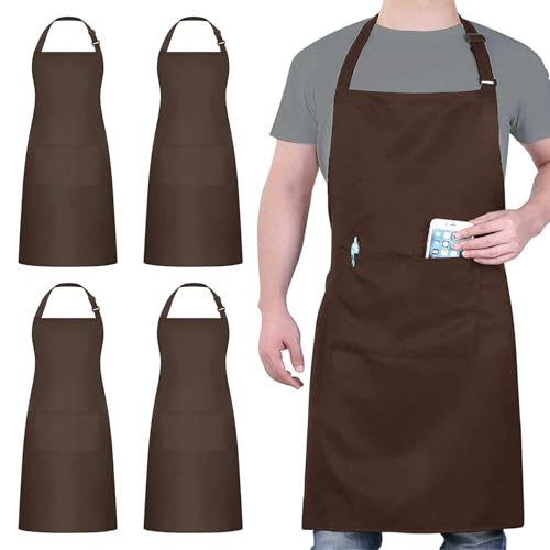 4 Packs Chef Apron, Waterproof Apron, Adjustable Aprons with 2 Pockets for Men Women, Professional Aprons for Kitchen Cooking Gardening Painting Baking Restaurant (Coffee) - color: Coffee