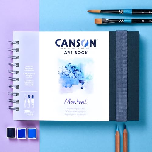 Canson Montval Watercolor Art Book, 8.3x5.8 inches, 48 Sheets, Blue Cloth Hardcover, Side Wire - Professional Artist Notebook for Painting, Sketching, Drawing - style: A5 LANDSCAPE MONTVAL