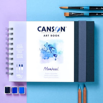 Canson Montval Watercolor Art Book, 8.3x5.8 inches, 48 Sheets, Blue Cloth Hardcover, Side Wire - Professional Artist Notebook for Painting, Sketching, Drawing - style: A5 LANDSCAPE MONTVAL