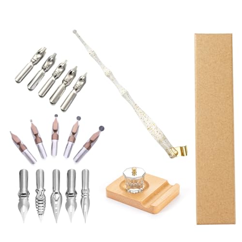 Calligraphy Dip Pen Set English Calligraphy Oblique Nib Holder With Desktop Pen Holder,Ink Bottle Container and 15 Nibs Kit - Gold Powder - color: Gold Powder