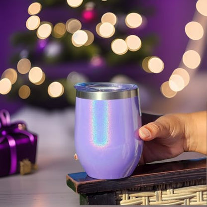 CHILLOUT LIFE 12 oz Stainless Steel Wine Tumbler with Lid - Double Wall Vacuum Insulated Wine Cup Glass Keeping Cold & Hot for Coffee, Champagne, Cocktails, Ice Cream - Purple Sparkle - color: Purple Sparkle, style: 1 Pack