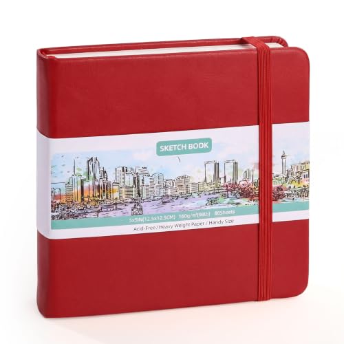 Prudiut Hardcover Pocket Sketchbook, 5" x 5" Square Mini Sketchbook, 98lb/160gsm Heavyweight Tiny Sketch Book, 80 Sheets Small Travel Drawing Journal for Adults, Artist, Ideal for Gift (Red) - color: Red