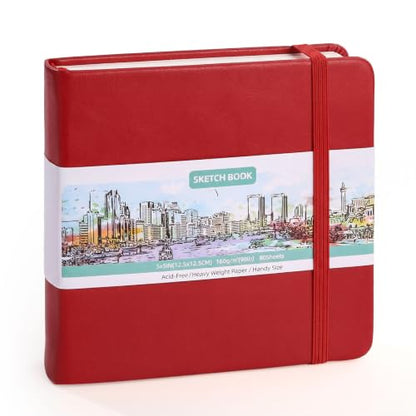 Prudiut Hardcover Pocket Sketchbook, 5" x 5" Square Mini Sketchbook, 98lb/160gsm Heavyweight Tiny Sketch Book, 80 Sheets Small Travel Drawing Journal for Adults, Artist, Ideal for Gift (Red) - color: Red