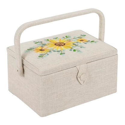 Hobby Gift Medium Sewing Box Organiser, Fabric Covered Storage Box with Handle, Internal Tray, Pin Cushion and Pocket for Sewing, Quilting and Knitting Supplies - color: Embroidered Eucalyptus