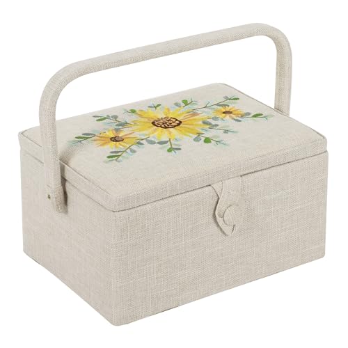 Hobby Gift Medium Sewing Box Organiser, Fabric Covered Storage Box with Handle, Internal Tray, Pin Cushion and Pocket for Sewing, Quilting and Knitting Supplies - color: Embroidered Eucalyptus
