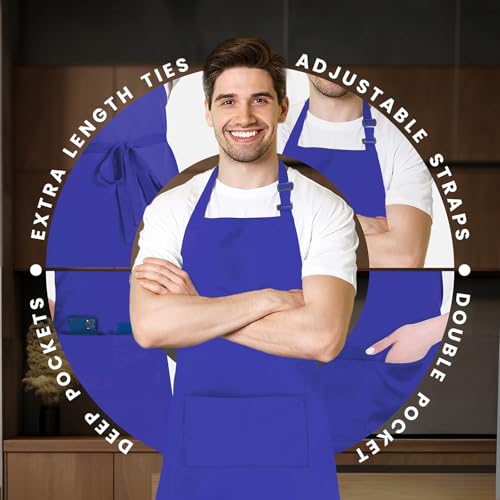 Adjustable Bib Apron 100% Polyester Kitchen Aprons Waterdrop Resistant Aprons with Adjustable Strap, Pockets & Long Ties - color: Royal Blue, style: Pack of 12