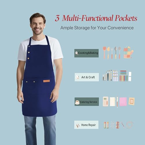 Kitchen Cooking Apron for Women Men Water-Resistant Artist Barista Baking Craft Catering Work Bib with Large Pockets - color: Blue