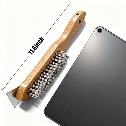 MAXMAN Stainless Steel Wire Scratch Brush, 12 Inch Wooden Handle Wire Brush with Metal Scraper, Heavy Duty Wire Brushes for Cleaning Rust, Paint Scrubbing, Dust and Other Hard Surfaces 2 Pieces - style: Stainless Steel Bristles