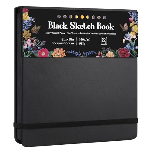 50 Sheets Black Paper Sketchbook, 98lb/160gsm Heavyweight Black Sketch Pad 8×8in, Acid-Free Drawing Paper, Spiral Bound Sketch Book for Teens, Artist - size: 8×8 Inch (1 pack)