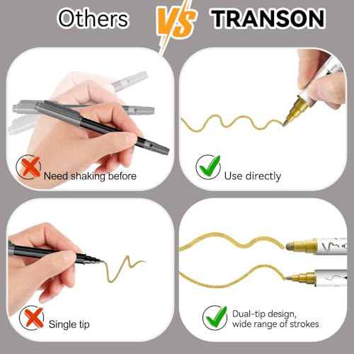 TRANSON 4 Silver and 4 Gold Paint Markers Bold and Fine Dual-tip Acrylic Paint Marker Set for Rock Painting Glass Canvas Wood Leather Ceramic Painting - style: Bold and Fine 4 Gold and 4 Silver