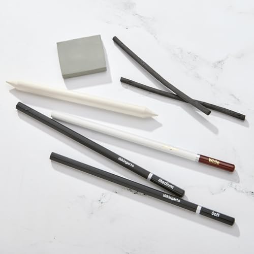 KINGART 8-Piece Charcoal Drawing and Sketching Set with Metal Tin – Includes Soft & Medium Charcoal Pencils, White Pastel Pencil, Blending Stump & Kneaded Eraser