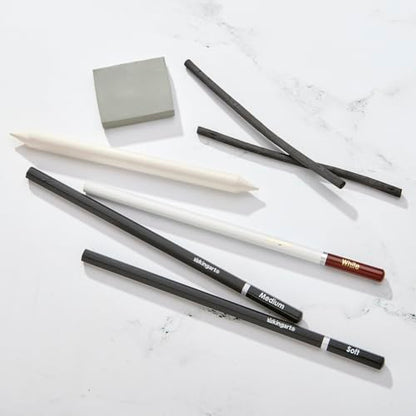 KINGART 8-Piece Charcoal Drawing and Sketching Set with Metal Tin – Includes Soft & Medium Charcoal Pencils, White Pastel Pencil, Blending Stump & Kneaded Eraser