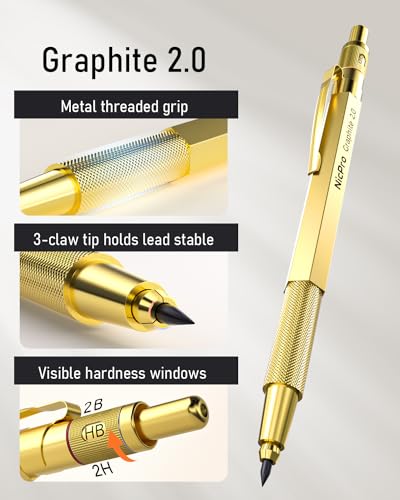 Nicpro 35PCS Gold Art Mechanical Pencils Set, 3 PCS Metal Drafting Pencil 0.5 mm & 0.7 mm & 0.9 mm & 3 PCS 2mm Lead Holder (6B 4B 2B HB 2H 4H Colors) For Sketching Drawing With 20 Tube Lead Refills - color: Gold, style: 0.5 0.7 0.9 2.0