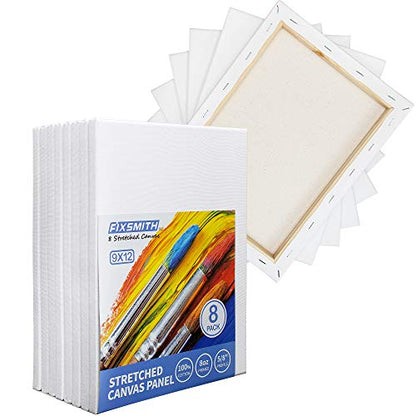FIXSMITH Stretched White Blank Canvas - 9x12 Inch, Bulk Pack of 8, Primed,100% Cotton, 5/8 Inch Profile of Super Value Pack for Acrylics,Oils & Other Painting Media. - size: 9"x12"
