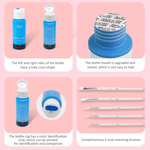 Acrylic Paint Set With 5 Brushes, 24 Colors (60ml, 2oz) for Artists Kids Beginners & Painters,Model/Canvas/Rock/Fabric/Glass/Stone/Ceramic/Wood Painting, Non Toxic - color: Clear Bottle (See-Through)