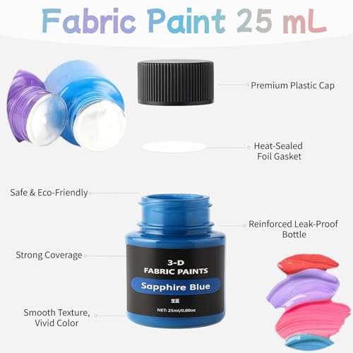 Fabric Paint Set, 12 Vibrant Colors Permanent Textile Paint (25ml/0.88oz) with Brushes & Stencils, Non-Toxic Water-Based Paint for T-Shirts, Bags & DIY Art Projects - color: 12colors