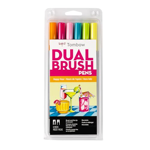 Tombow 56243 Dual Brush Pen Art Markers, Happy Hour, 6-Pack, Water-Based Ink, for Hand Lettering, Watercolor, Fine Art, Illustrations