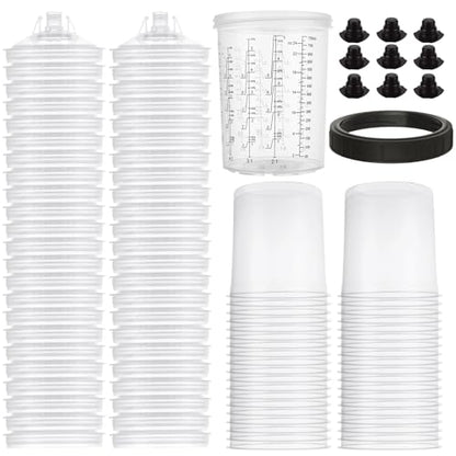 27 Oz Disposable Paint Cups for HVLP Spray Gun 27 Ounce (800ml) Cups Kit with 45 Cups and Lids System, 1 Hard Cup with Retainer Ring and 20 Cup Sealing Plugs