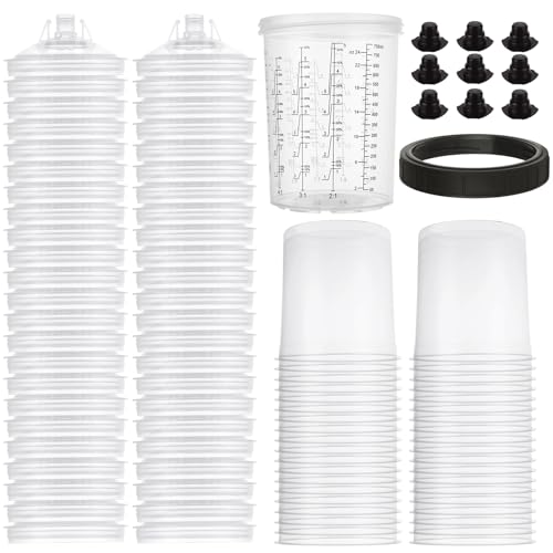 27 Oz Disposable Paint Cups for HVLP Spray Gun 27 Ounce (800ml) Cups Kit with 45 Cups and Lids System, 1 Hard Cup with Retainer Ring and 20 Cup Sealing Plugs