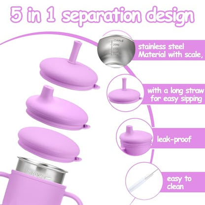 Mity rain 3-In-1 Stainless Steel Sippy Cup for 6+ Month Old, Baby Straw Cups for Toddlers 1-3 with Travel Lid, Silicone Straw, Replacement Straw & Cleaning Brush - 8oz Toddler Cups Spill Proof Set - color: Purple