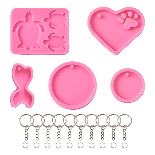 Craftdady 5pcs Key Chain Pendant Silicone Molds Flat Round Turtle Heart Mermaid Fishtail Resin Casting Molds with Key Rings Jump Rings for Keychain Jewelry Craft Making - color: Pink,Keychain,5pcs