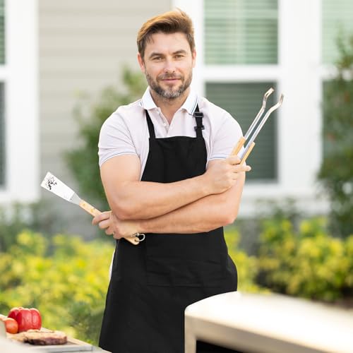 Adjustable Bib Apron 100% Polyester Kitchen Aprons Waterdrop Resistant Aprons with Adjustable Strap, Pockets & Long Ties - color: Black, style: Pack of 12