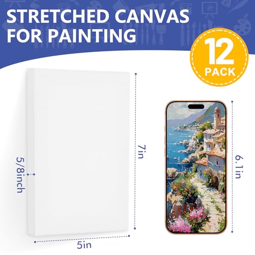 FUMILE 5x7 Canvas for Painting, 12 Pack Stretched Small Canvases for Painting-5/8 in Profile Primed White Blank Painting Canvas Value Pack for Oil & Acrylic Paint - size: 5x7IN