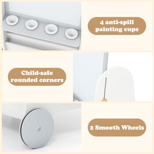 INFANS Easel for Kids with Stool, 4-in-1 Double-Sided Adjustable Magnetic Chalkboard with Paper Roll, Bookshelves, Wheels, Wooden Standing Painting Drawing Art Board for Boys Girls - style: Grey