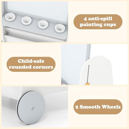 INFANS Easel for Kids with Stool, 4-in-1 Double-Sided Adjustable Magnetic Chalkboard with Paper Roll, Bookshelves, Wheels, Wooden Standing Painting Drawing Art Board for Boys Girls - style: Grey