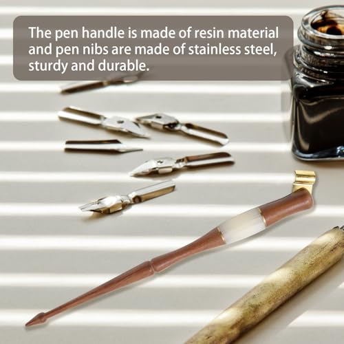 Wood Calligraphy Oblique Dip Pen Holder Set, Removable Nib Pen Handle with 5 Nibs for English Calligraphy Drawing Comic, Brown - color: Brown